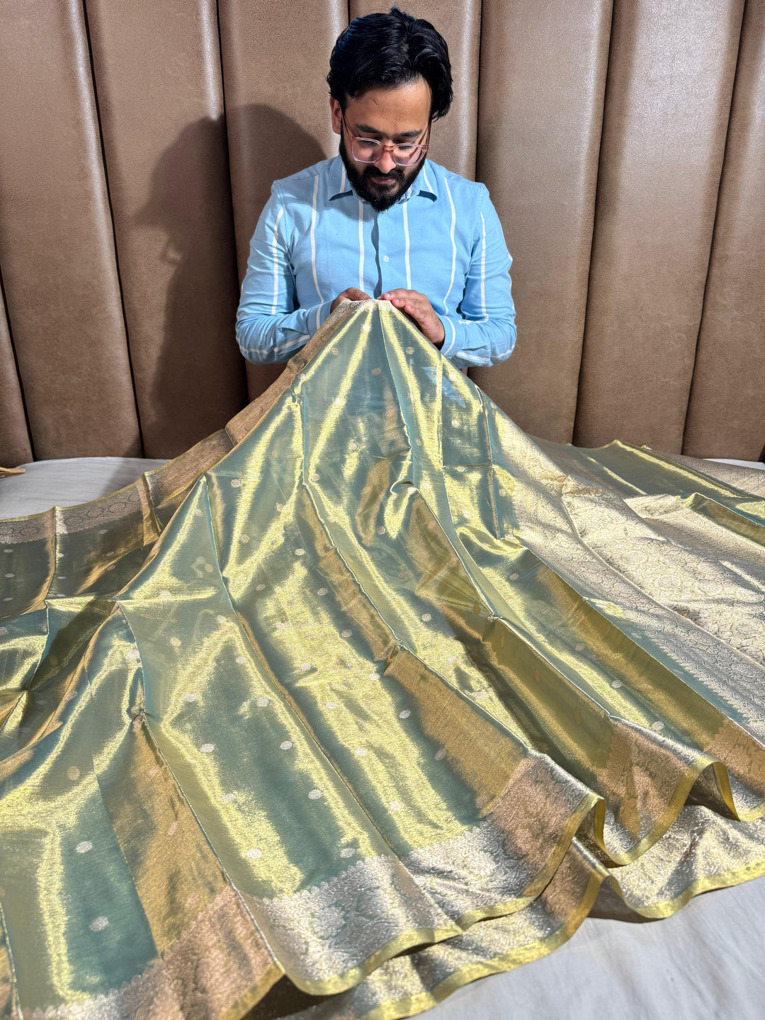 Green shade banarasi copper tissue silk saree with rich pallu and blouse