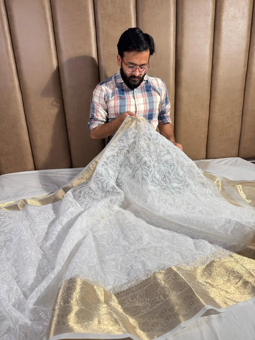 White Premium Chikankari Work Banarasi Saree