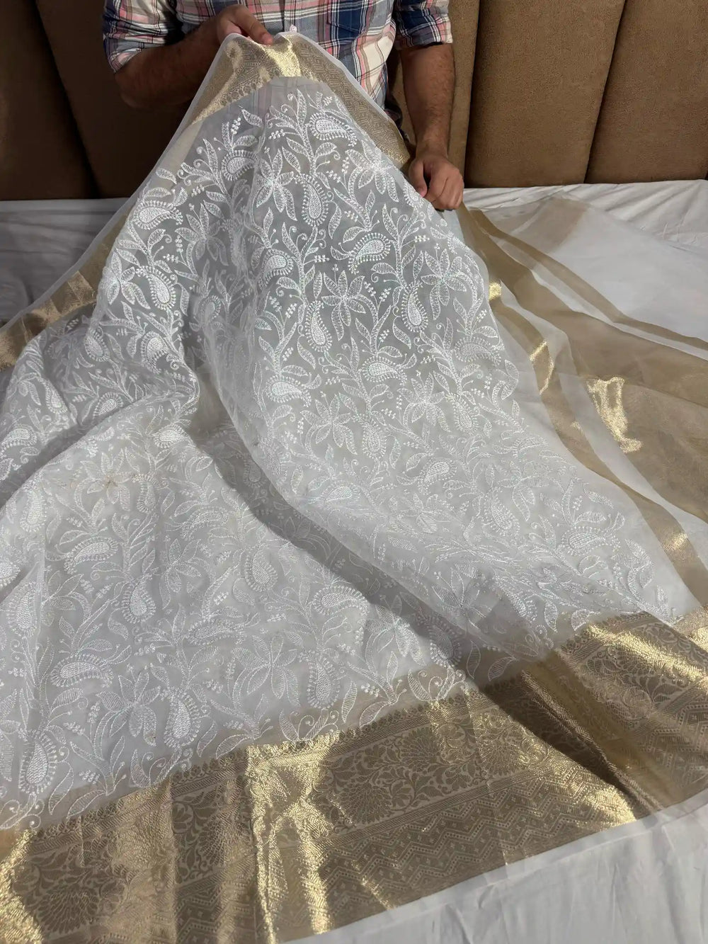 White Premium Chikankari Work Banarasi Saree