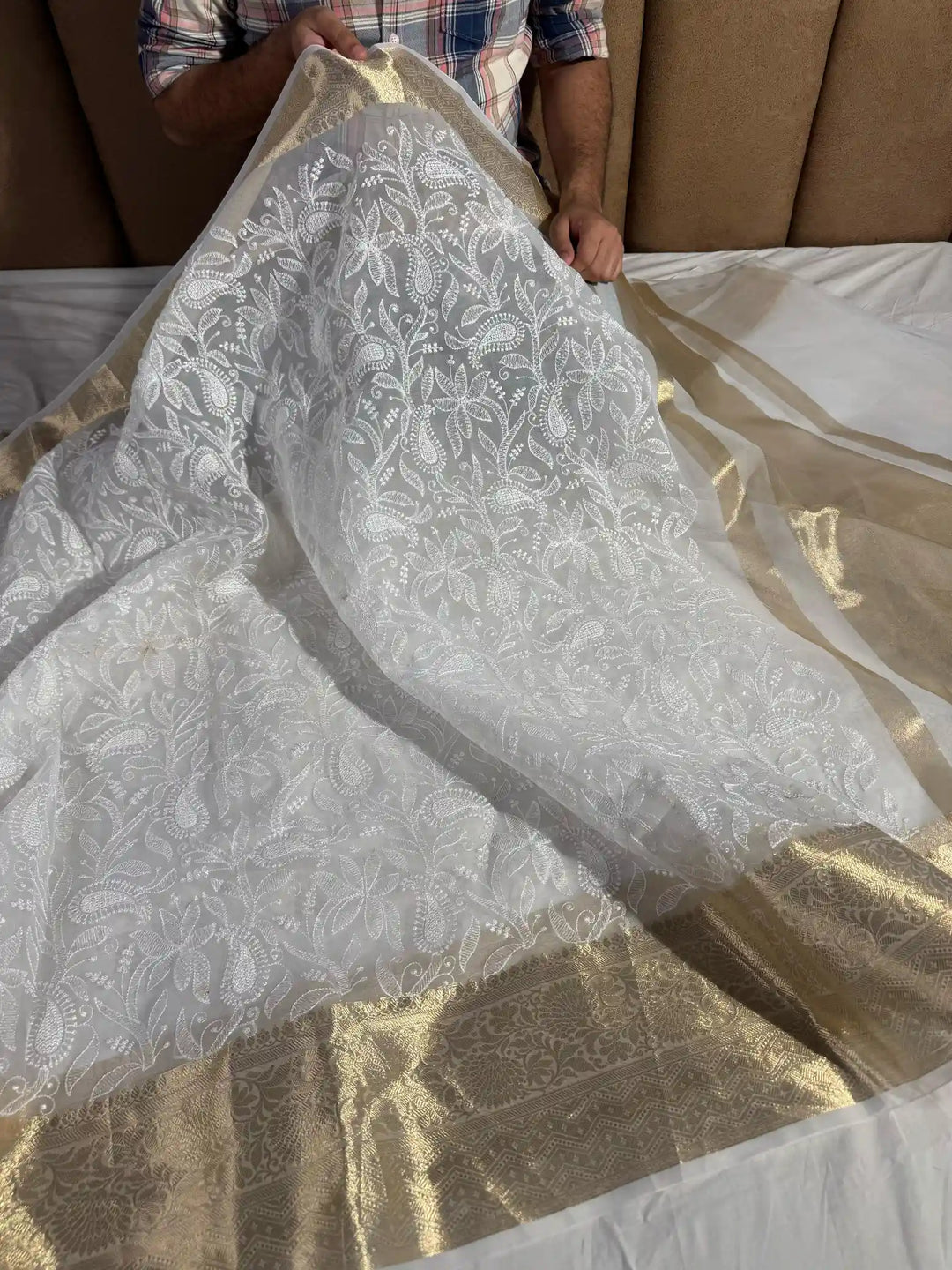 White Premium Chikankari Work Banarasi Saree