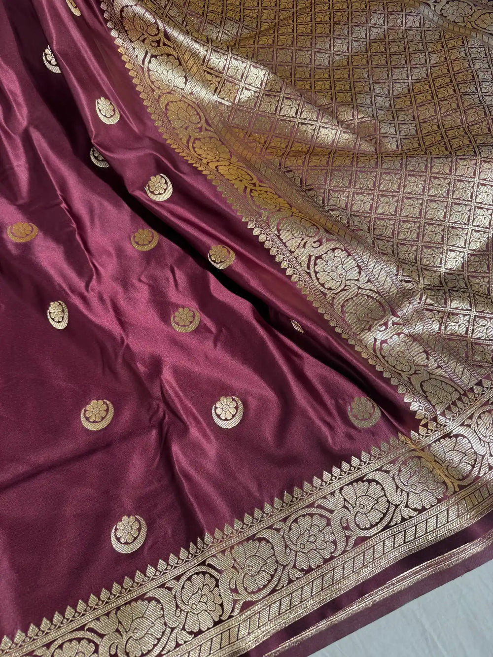 Wine Satin Silk Saree with Rich Texture Design and Classical Pallu