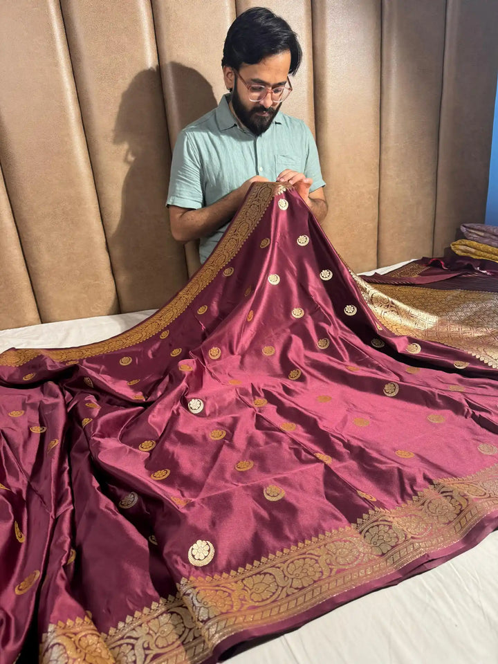 Wine Satin Silk Saree with Rich Texture Design and Classical Pallu
