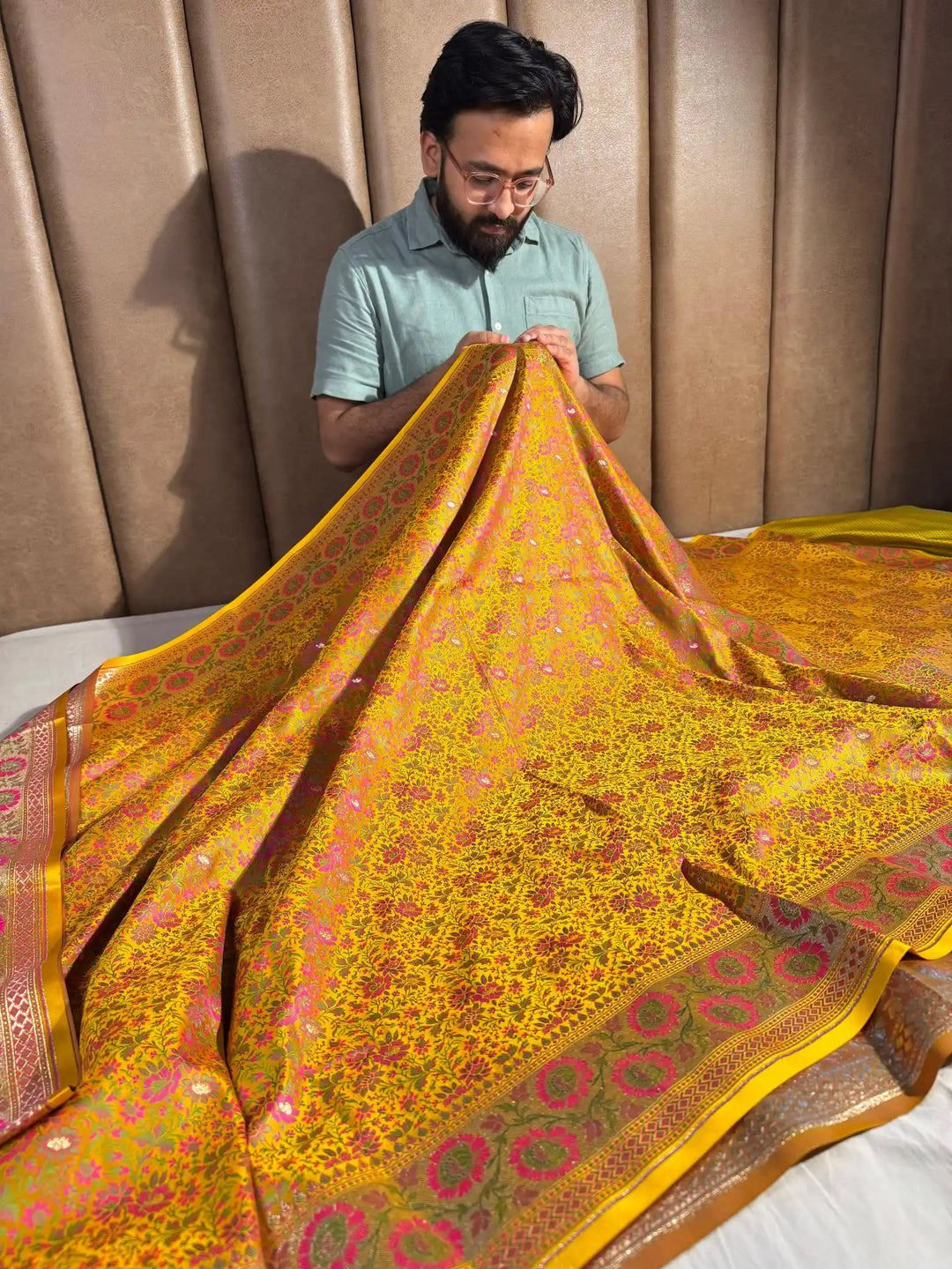 Yellow Banarasi Pashmina Embossed Katan Silk Saree with Rich Pallu and Blouse