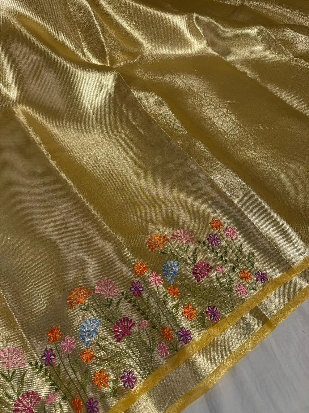 Yellow Designer Tissue Silk Saree with Rich Border Chikankari and pallu