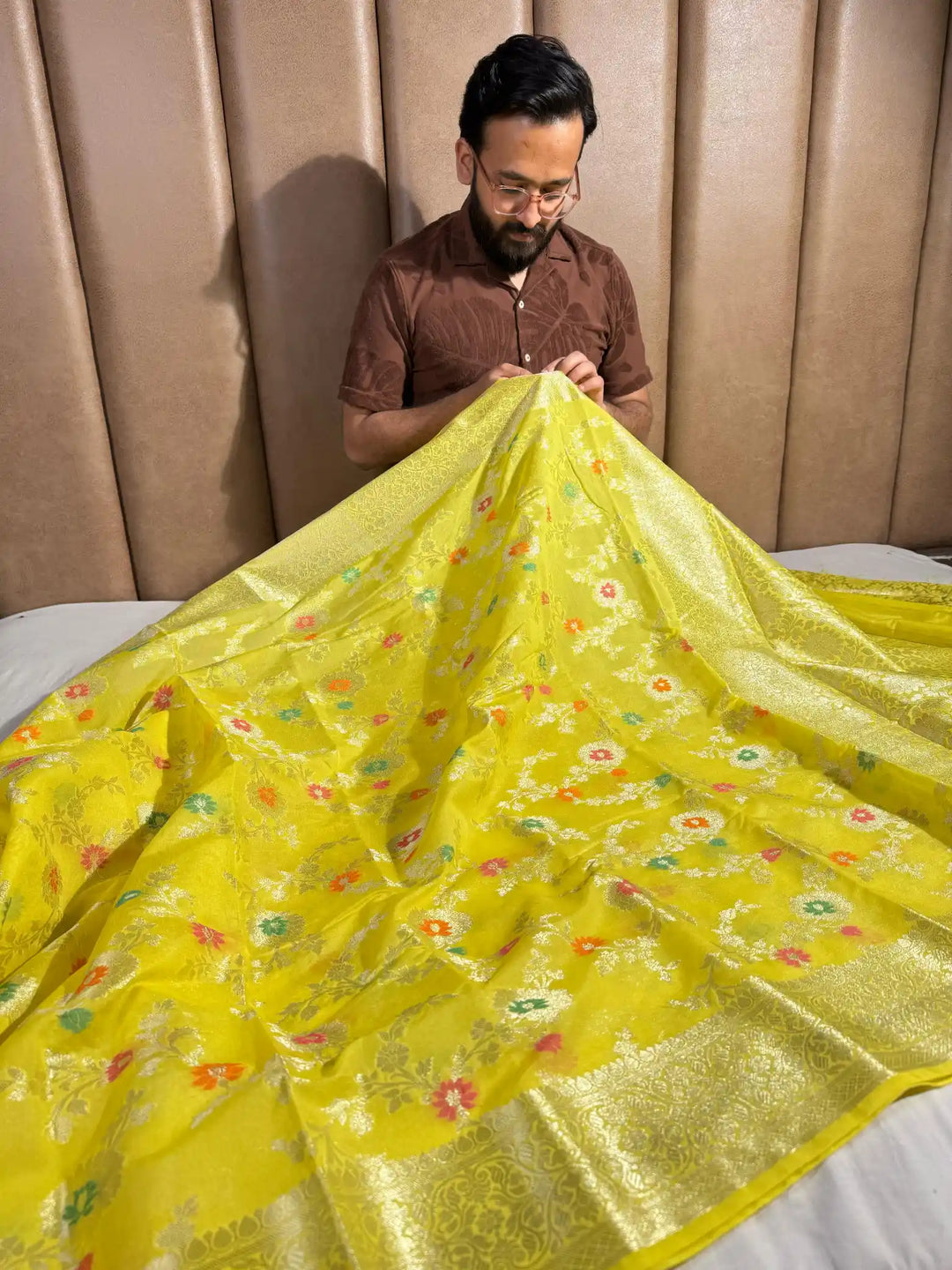 Yellow Georgette Silk Floral Meenakari Jaal Banarasi Saree
