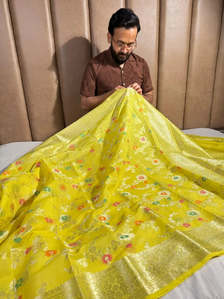 Yellow Georgette Silk Floral Meenakari Jaal Banarasi Saree