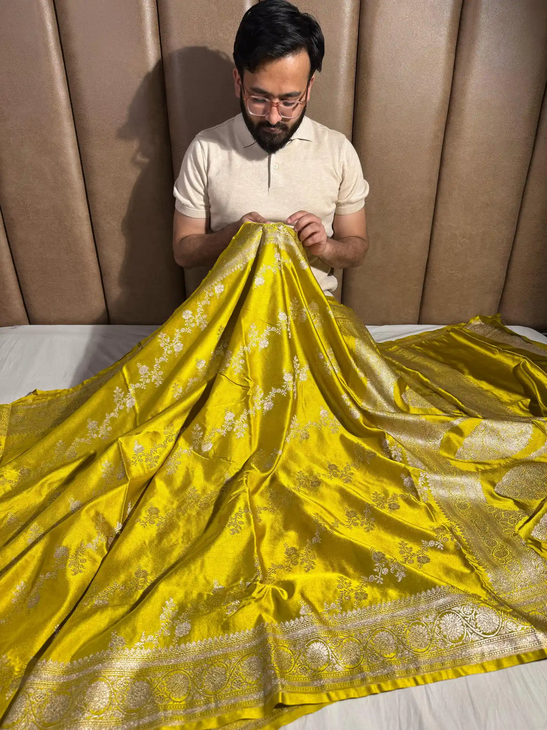 Yellow Mashru Katan Silk Banarasi Saree with Rich Pallu and Blouse