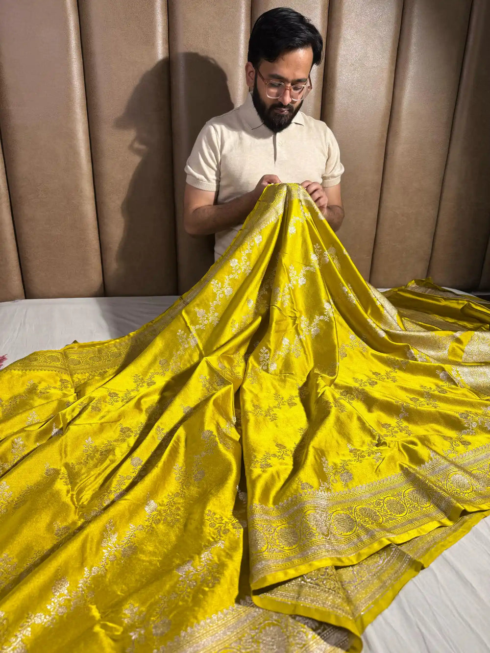 Yellow Mashru Katan Silk Banarasi Saree with Rich Pallu and Blouse