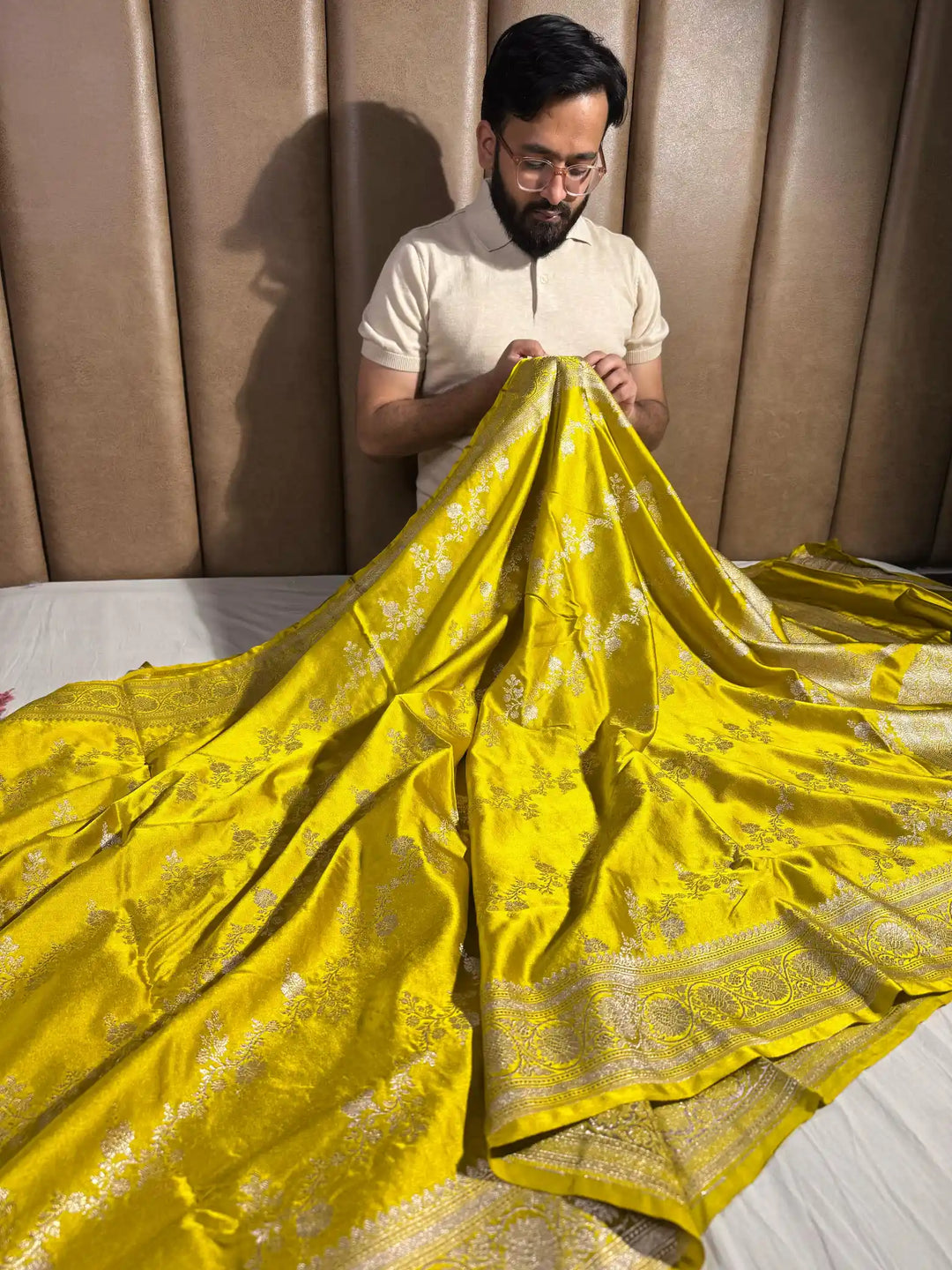 Yellow Mashru Katan Silk Banarasi Saree with Rich Pallu and Blouse