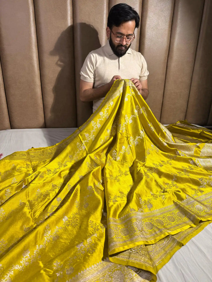 Yellow Mashru Katan Silk Banarasi Saree with Rich Pallu and Blouse