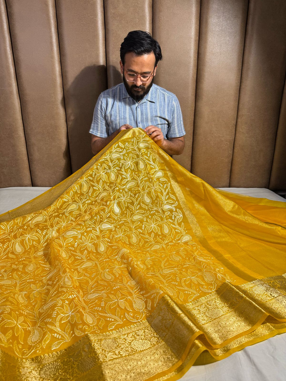 Yellow Premium Chikankari Work Banarasi Saree