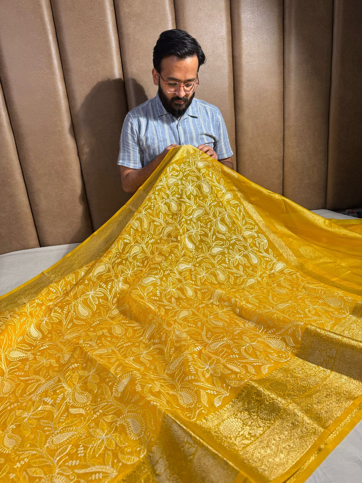 Yellow Premium Chikankari Work Banarasi Saree