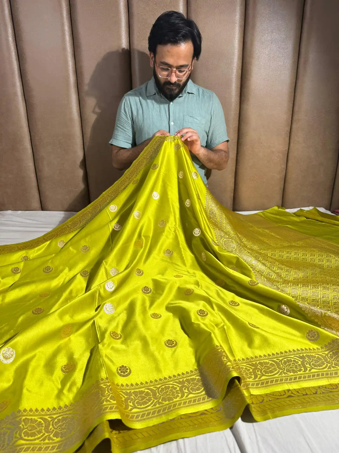 Yellow Satin Silk Saree with Rich Texture Design and Classical Pallu