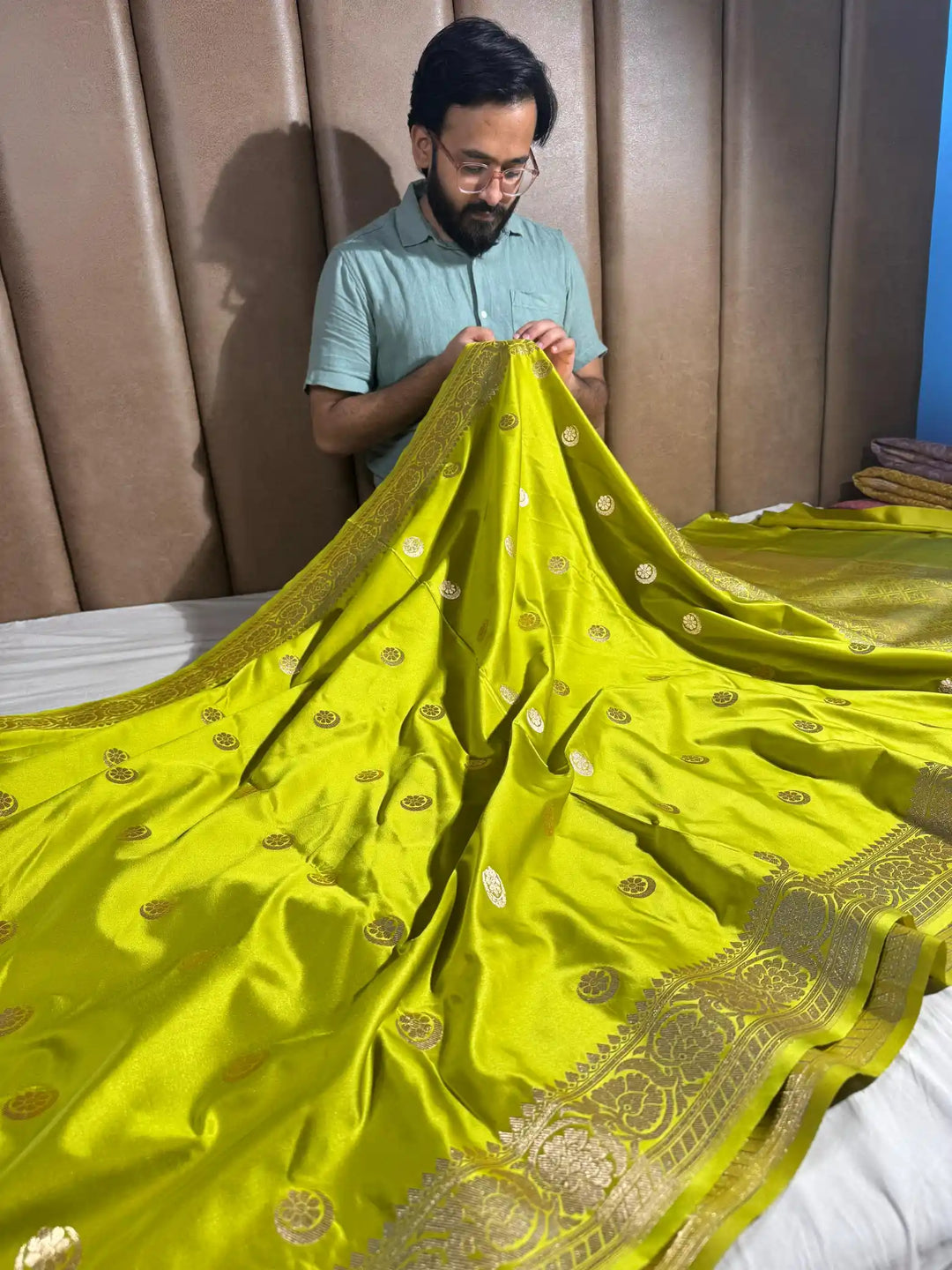 Yellow Satin Silk Saree with Rich Texture Design and Classical Pallu