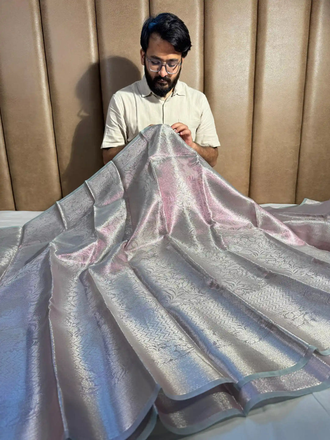 ash grey floral brocade tissue silk saree