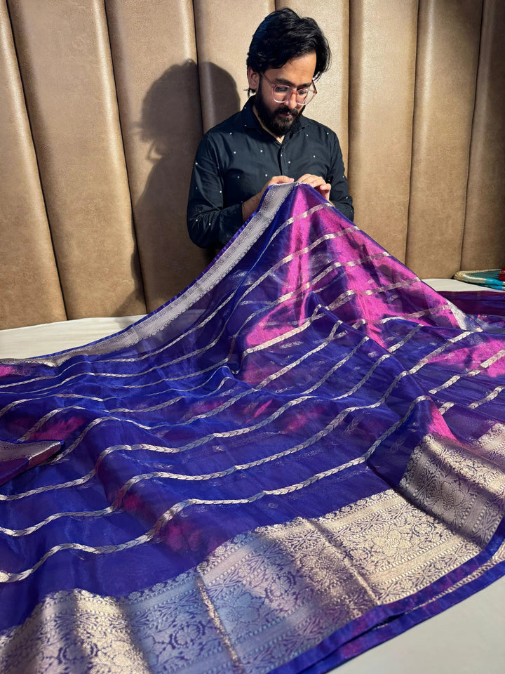 baigani shade premium tissue silk saree with zari pallu and blouse