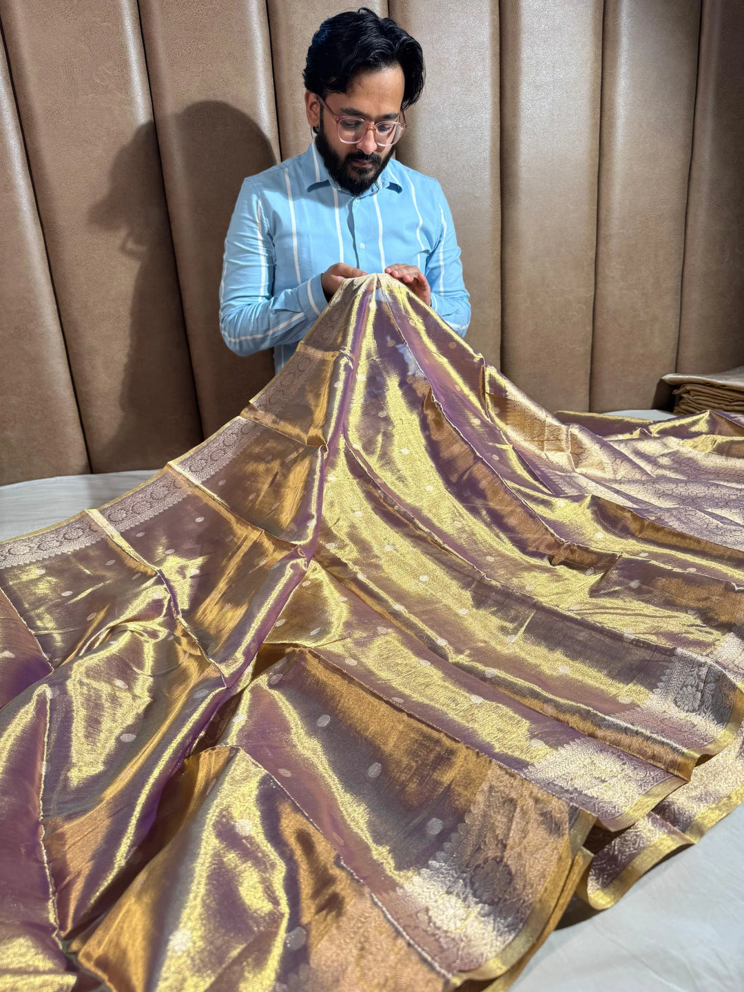 banarasi copper tissue silk saree with rich pallu and blouse