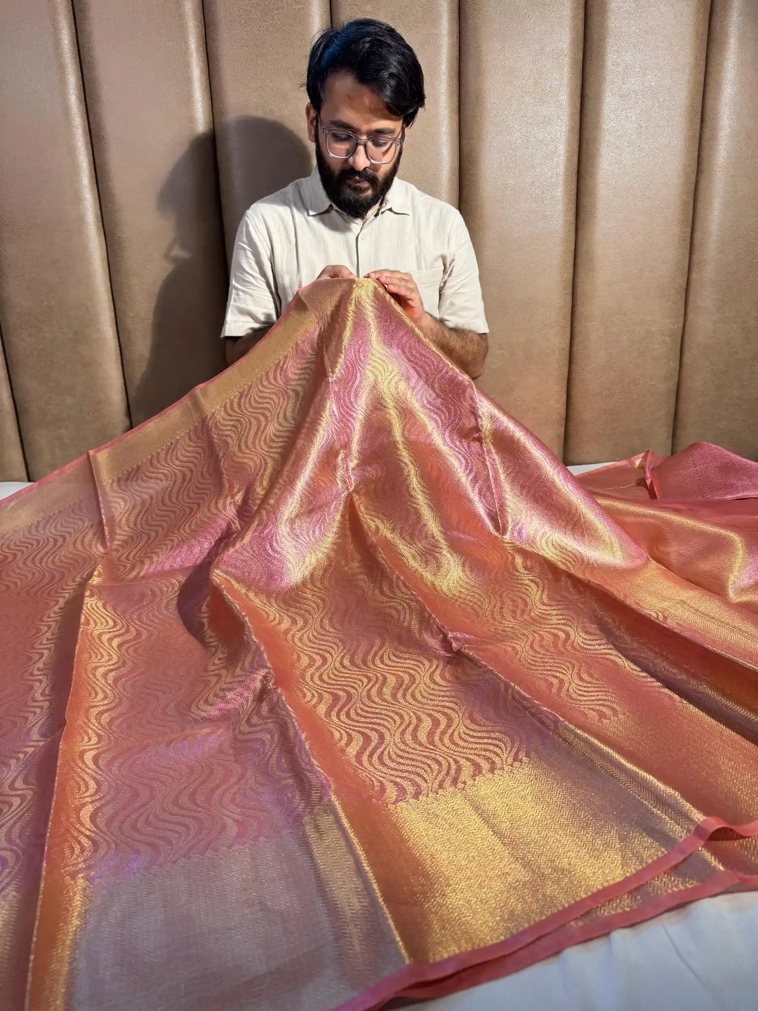barbie pink floral tissue silk jacquard saree