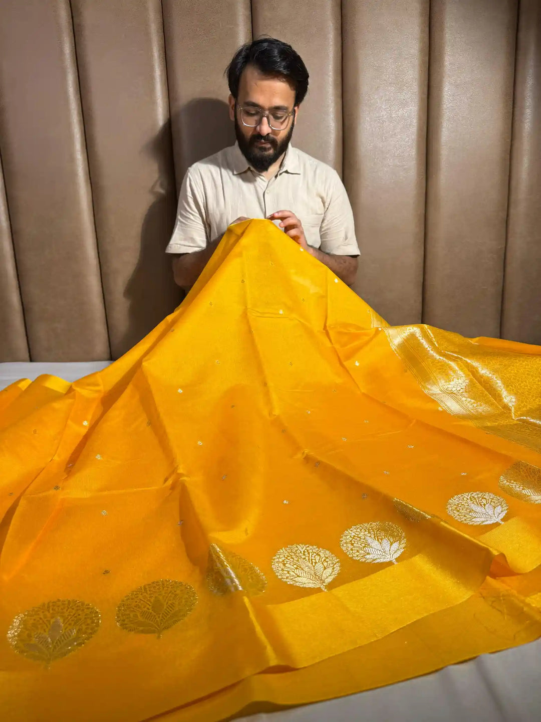 bright yellow soft cotton silk banarasi saree
