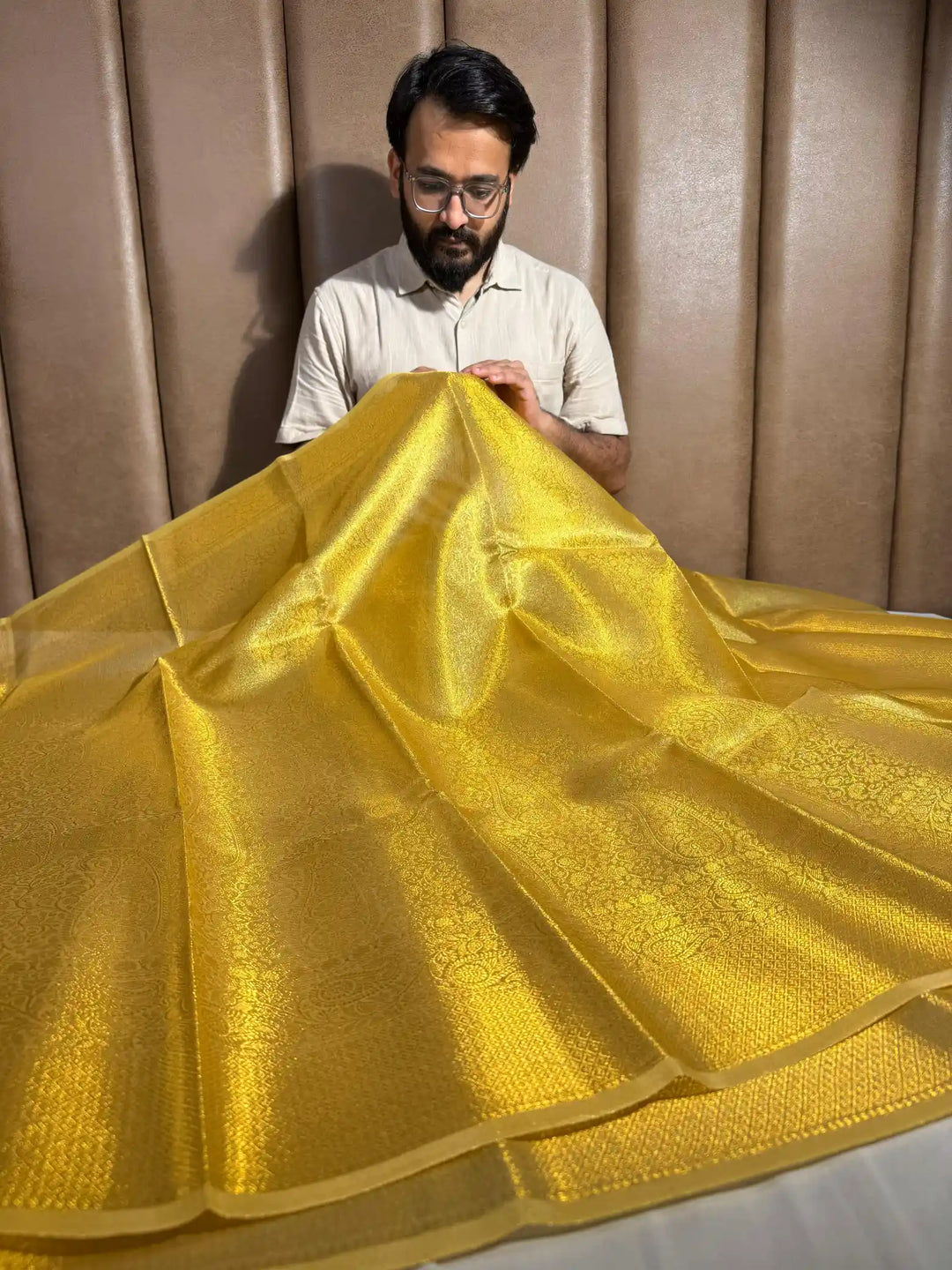 goldish yellow brocade tissue silk saree