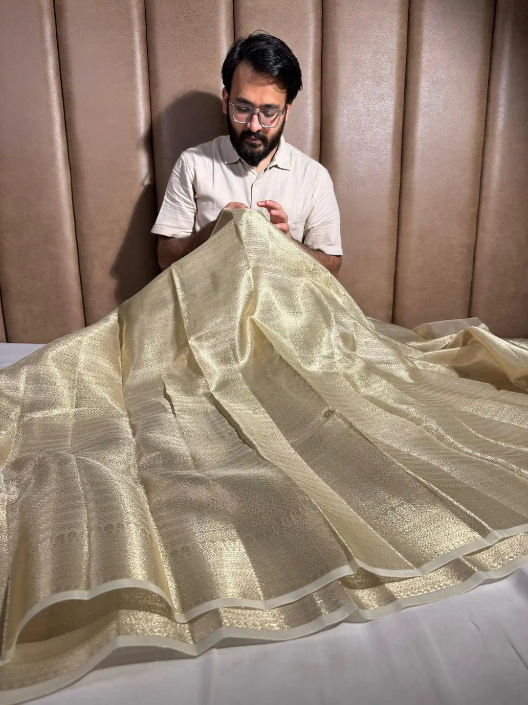 light gold brocade tissue silk saree