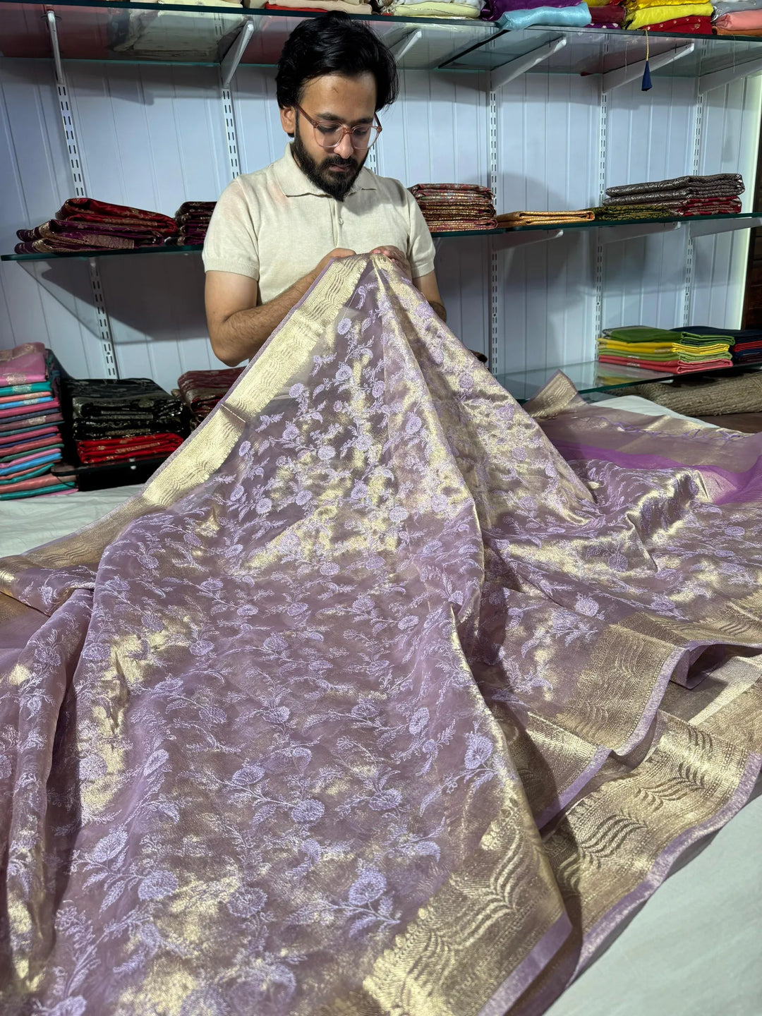 premium Lavender shade banarasi tissue saree with rich chikankari work