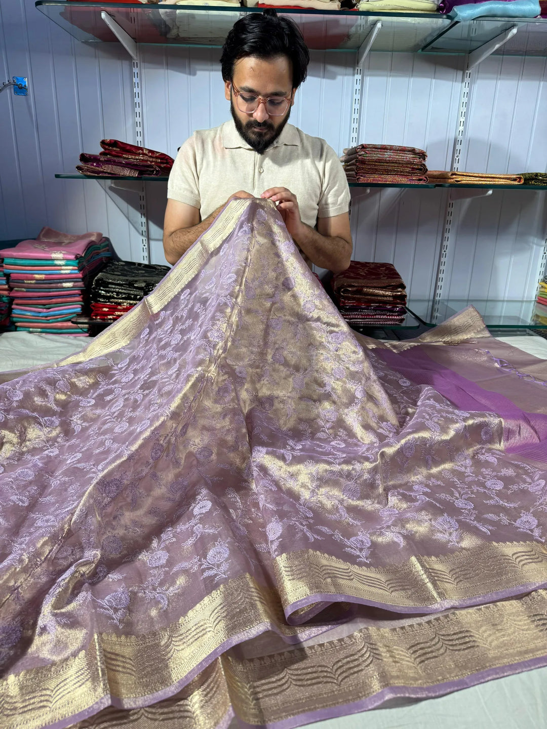 premium Lavender shade banarasi tissue saree with rich chikankari work