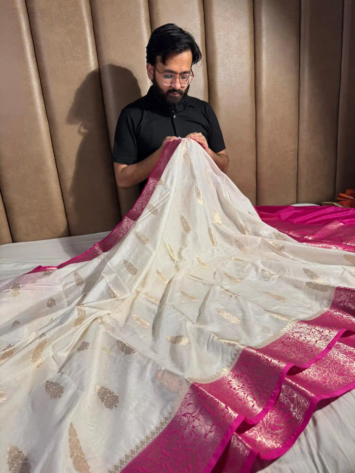premium banarasi chiniya silk saree with rich pallu and blouse