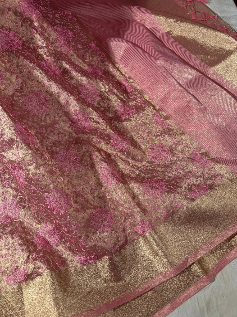 premium banarasi tissue saree with rich chikankari work yet lightweight