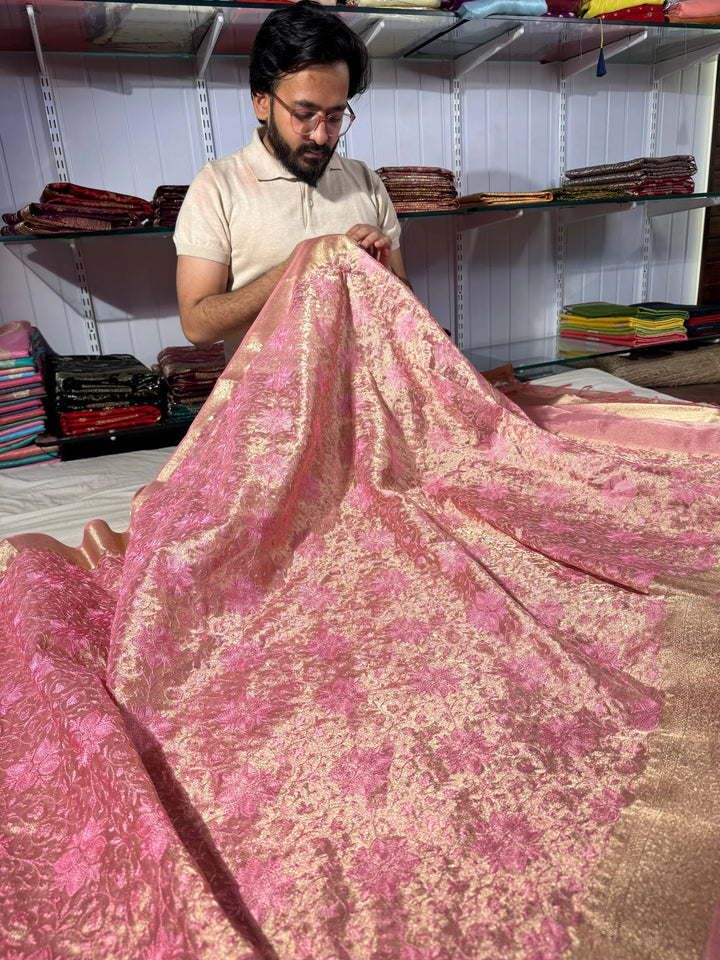 premium banarasi tissue saree with rich chikankari work yet lightweight