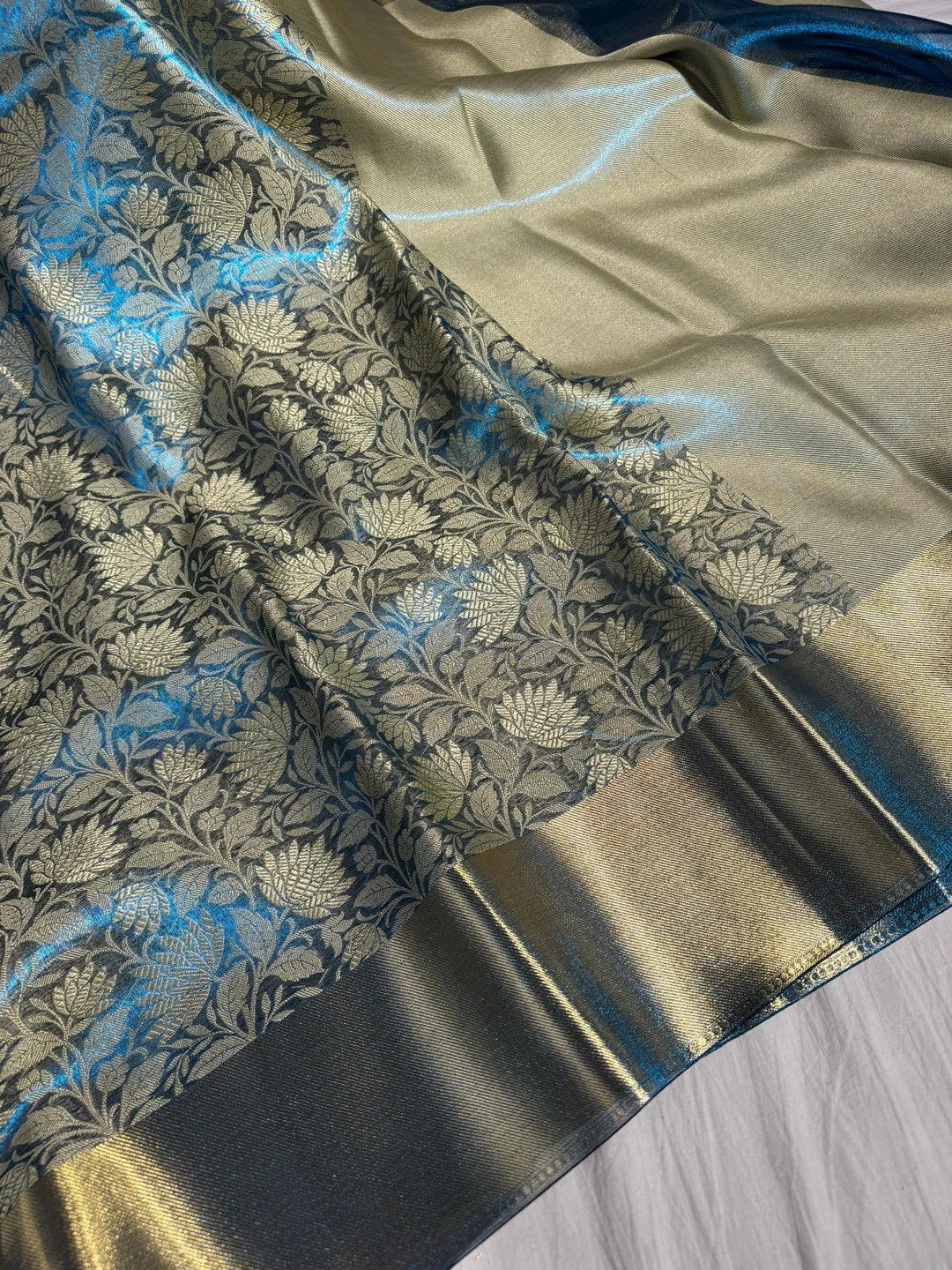 premium banarasi tissue silk with resham embossed work and rich pallu
