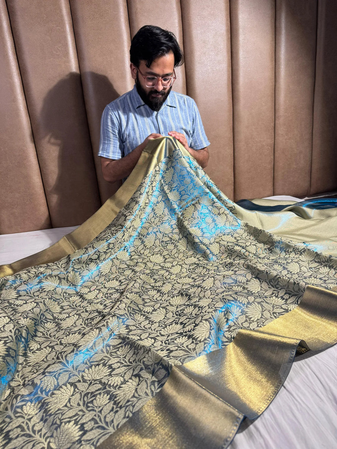 premium banarasi tissue silk with resham embossed work and rich pallu