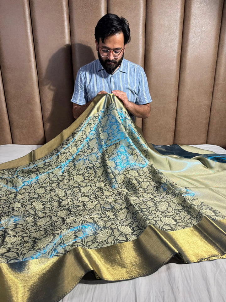 premium banarasi tissue silk with resham embossed work and rich pallu