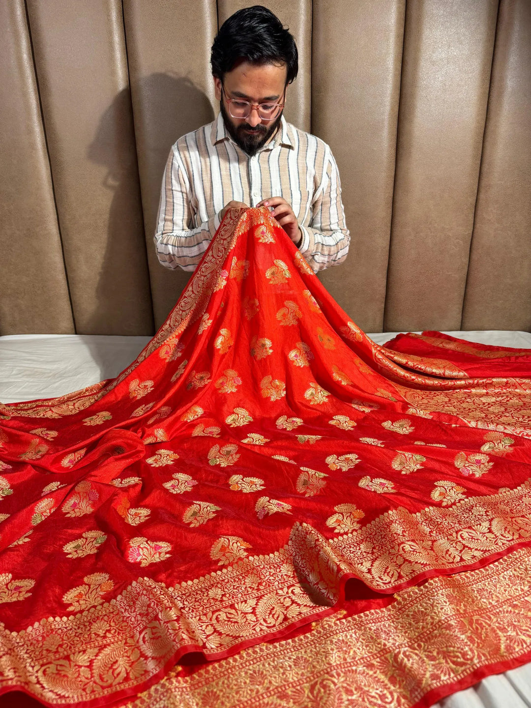Orange shade banarasi warm silk saree with exclusive heritage design pattern and rich pallu