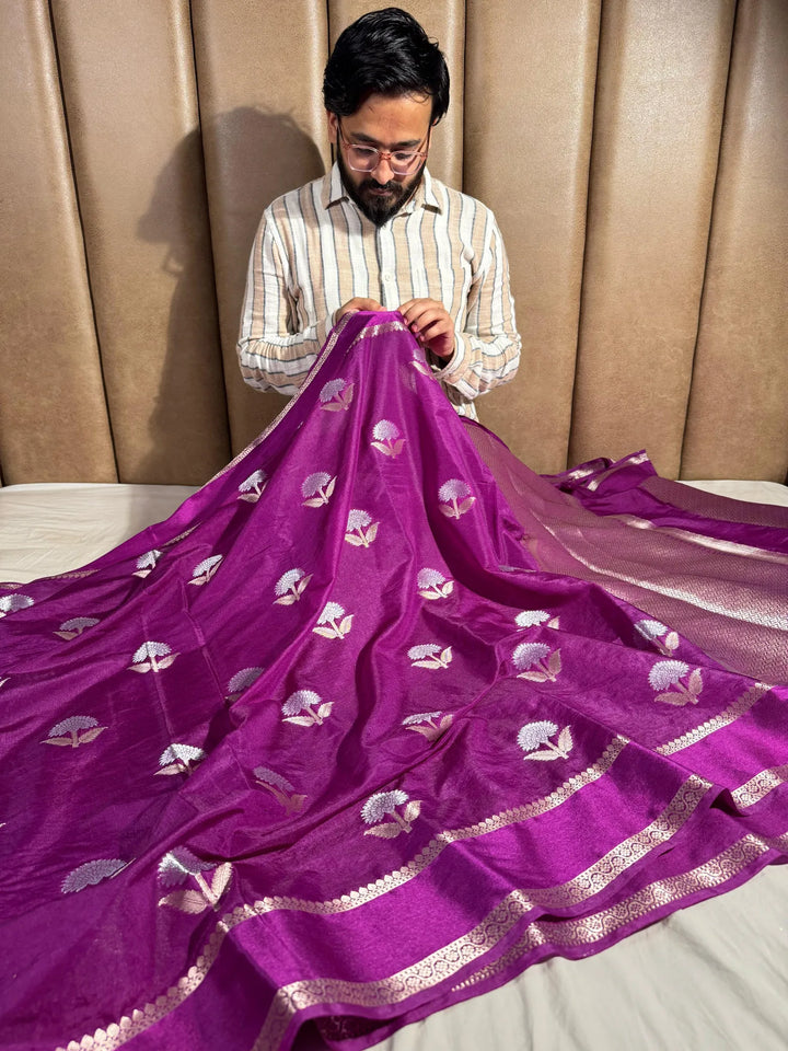 Purple banarasi warm silk saree with exclusive heritage design pattern and rich pallu