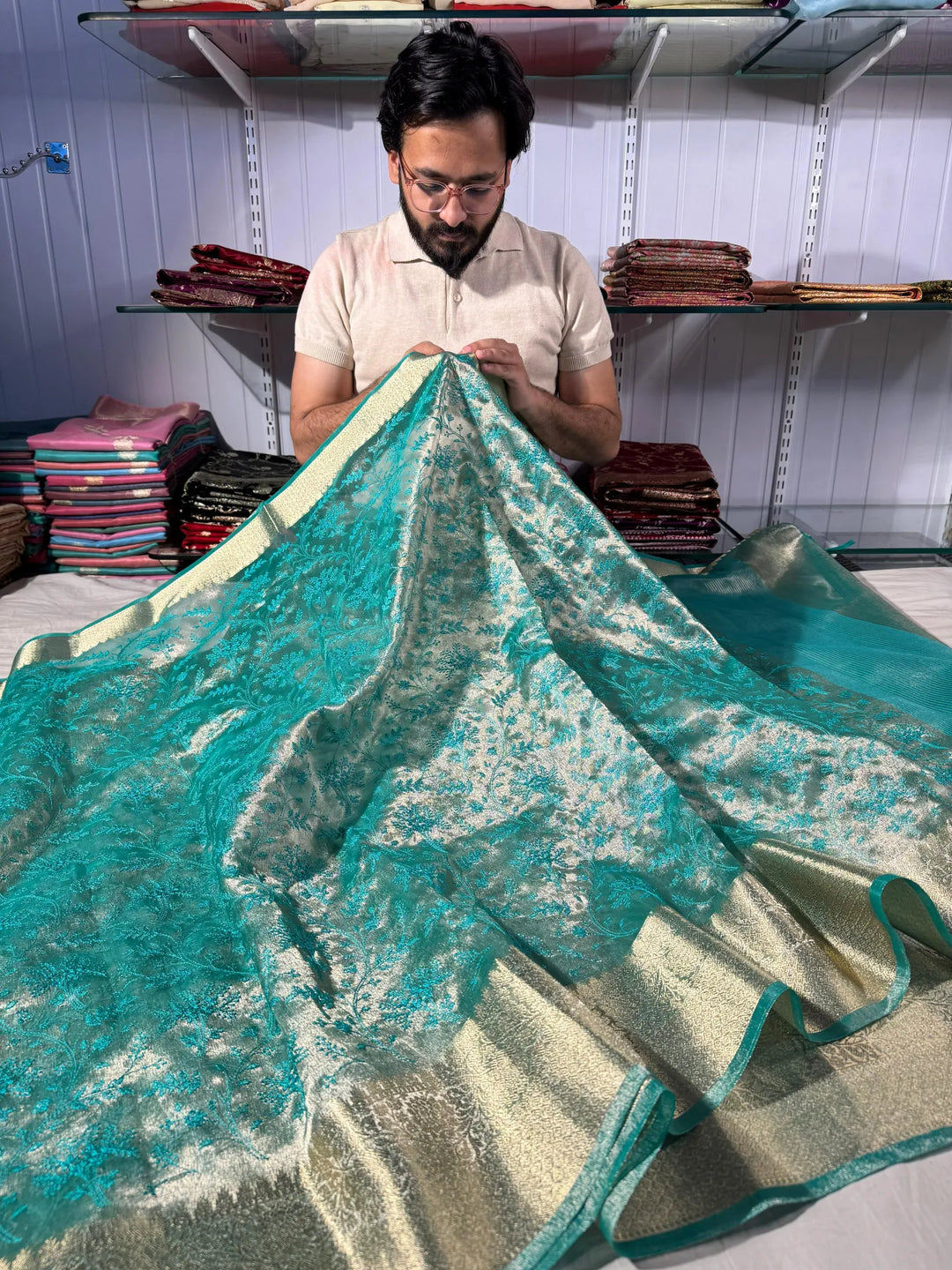 premium sea graan banarasi tissue saree with rich chikankari work