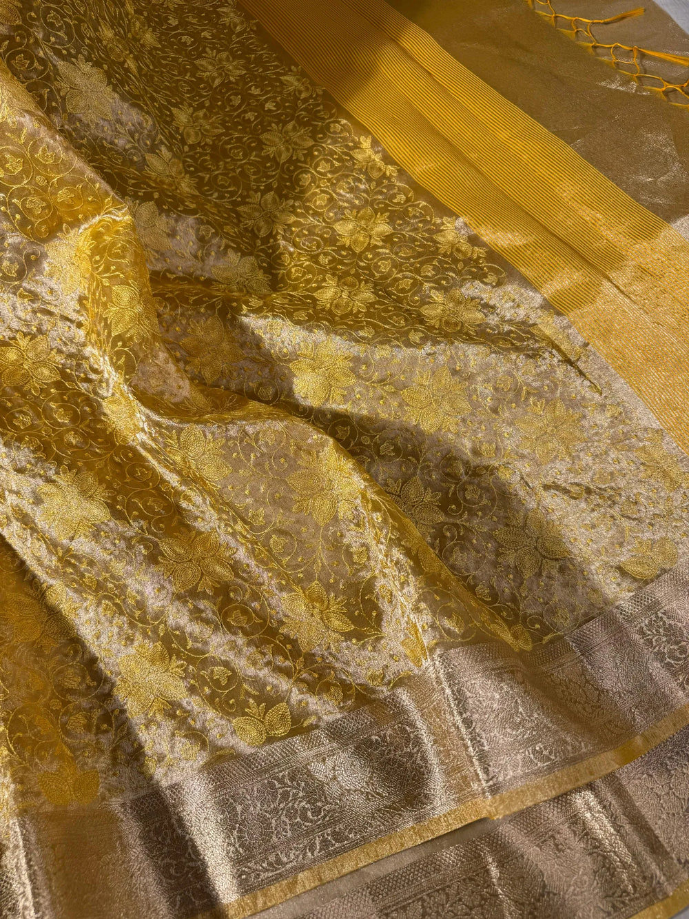 premium yellow banarasi tissue saree with rich chikankari work yet lightweight