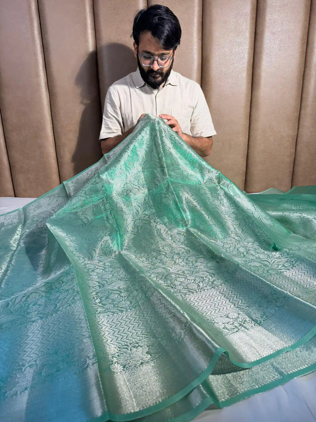 sea green embossed tissue brocade saree