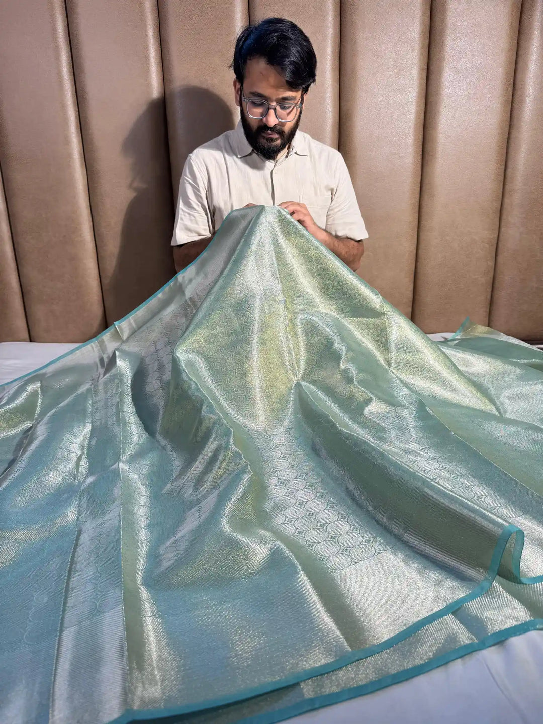 sea green metallic brocade tissue silk saree