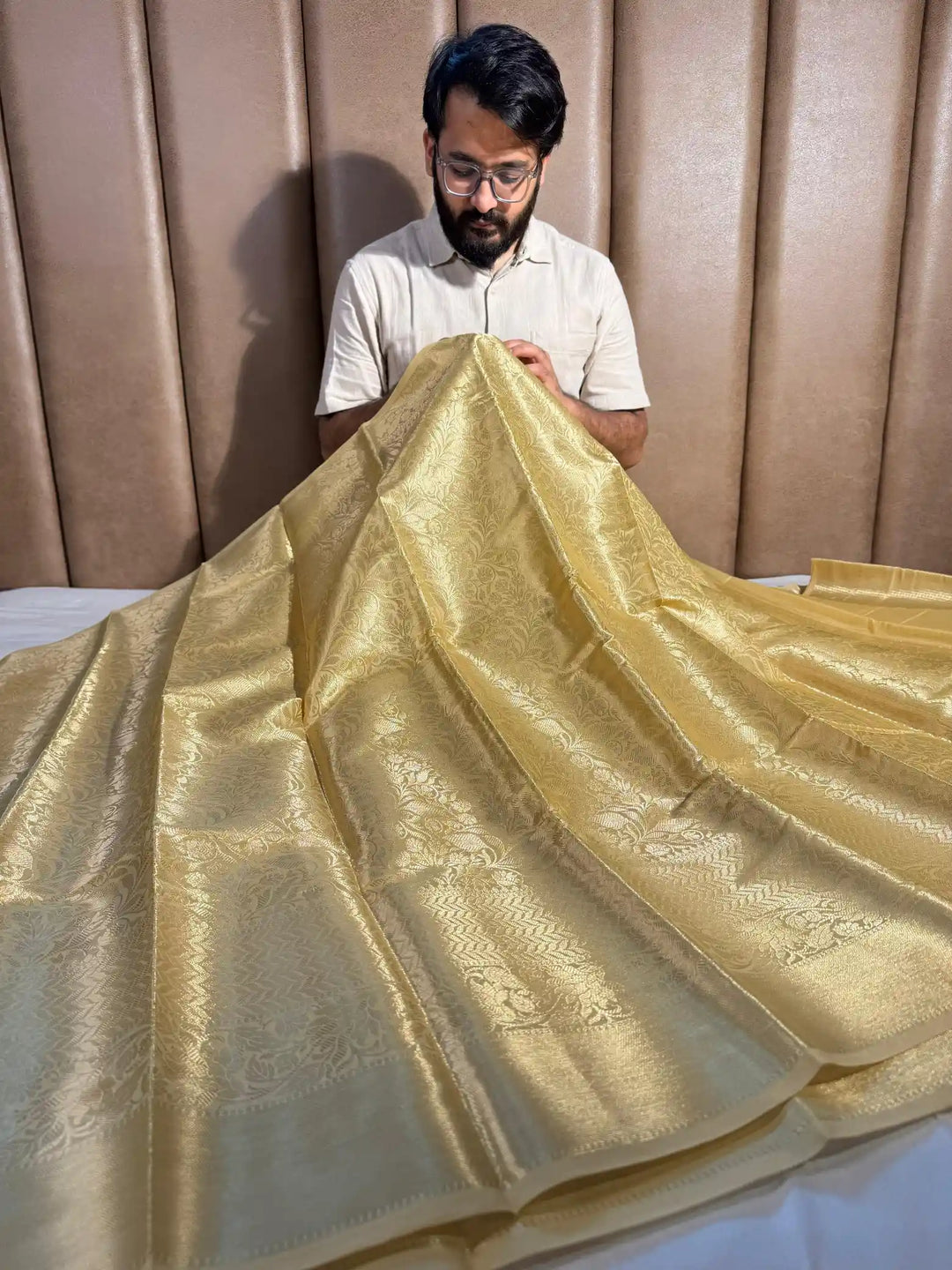 subtle gold kanjivaram brocade tissue silk saree