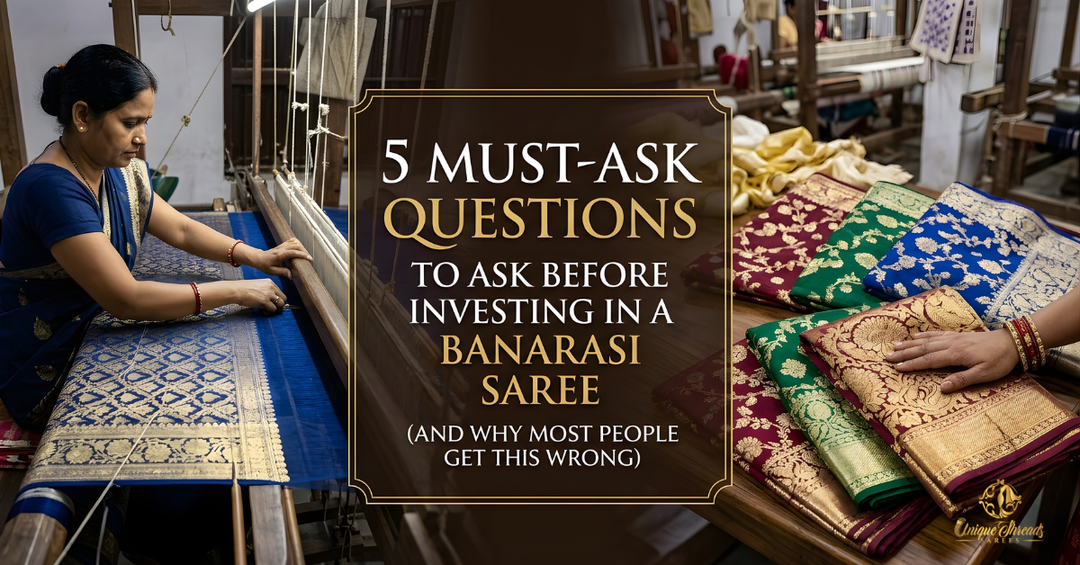 Skilled artisan weaving Banarasi silk saree on handloom with colorful saree collection display.