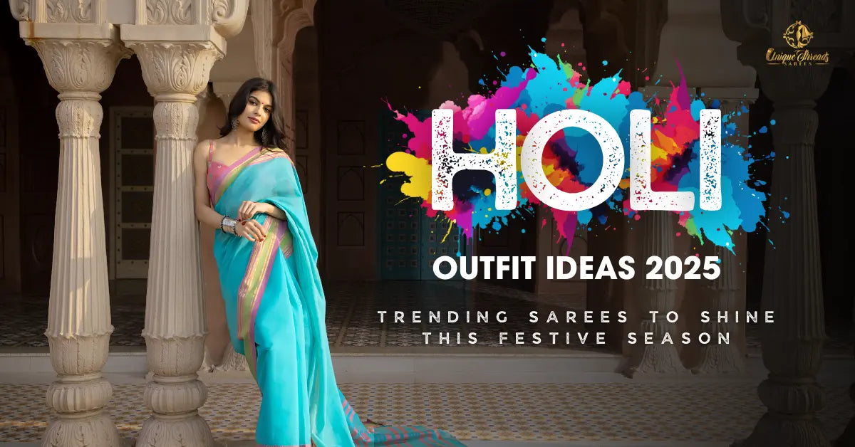Woman wearing a vibrant blue saree with pink border, perfect for Holi celebrations 2025. Trending festive sarees for women. Shop Holi special sarees at UT Sarees.