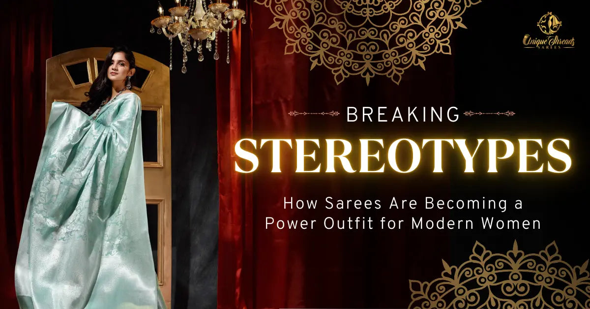 A woman in a modern saree stands confidently in front of an elegant backdrop. Text: 'Breaking Stereotypes – How Sarees Are Becoming a Power Outfit for Modern Women.