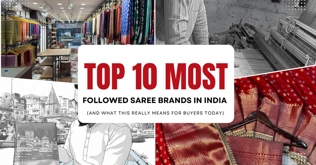 Collage showing saree showroom, weaving process, and silk sarees for top 10 saree brands in India
