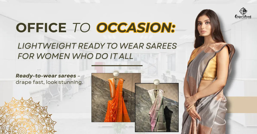 A woman modeling a Lightweight ready-to-wear saree by UT Sarees, text about versatility from office to occasion, and images of other one-minute sarees.