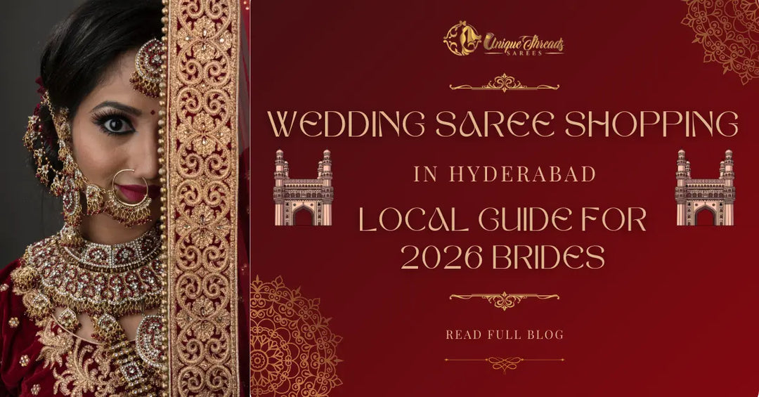 Promotional image for a wedding saree shopping guide in Hyderabad with a woman in traditional attire.