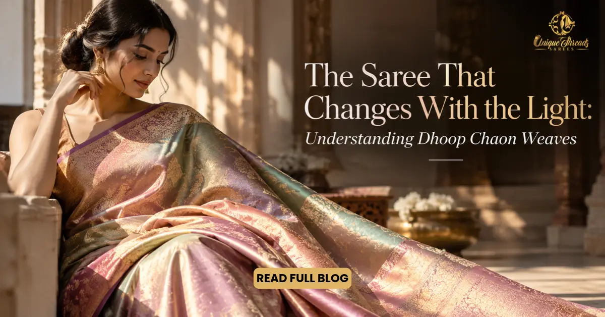 Woman wearing a pink and teal Banarasi saree with gold zari work, highlighting the colour-changing beauty of Dhoop Chhaon weaves.