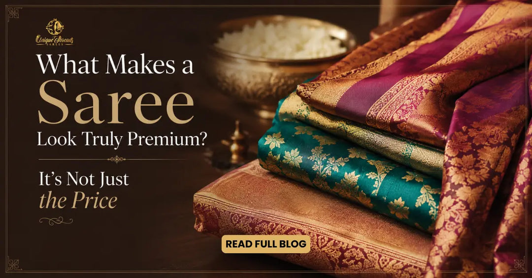 Premium Banarasi silk sarees in teal, purple, maroon, and gold with intricate zari motifs and rich woven borders, showcasing luxury saree craftsmanship beyond price.