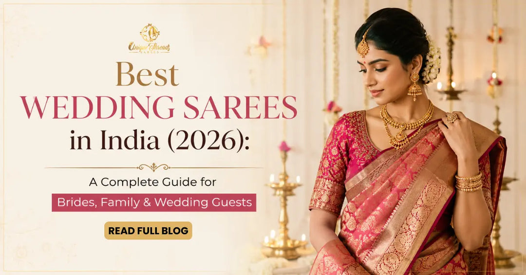 Bride wearing pink Banarasi silk saree with gold jewellery for Best Wedding Sarees in India 2026 guide.