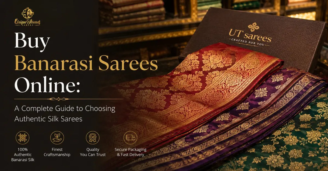 Authentic Banarasi silk sarees online with rich zari work by UT Sarees for bridal, wedding, and festive wear.